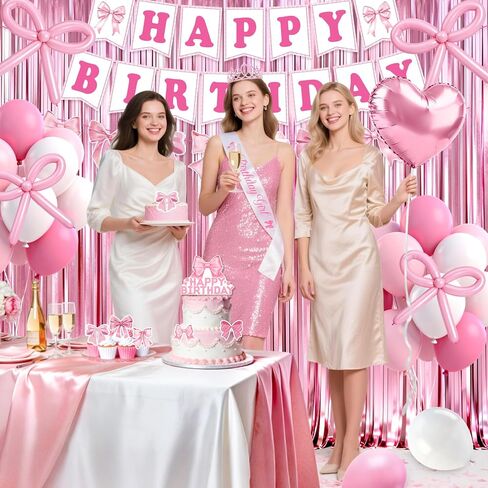 Pink Bow Birthday Decorations, 73PCs Pink Birthday Decorations for Girls Women Included BIRTHDAY GIRL Sash and Tiara Balloons Fringe Curtains Banner Bows Garland and Cake Toppers in Saudi Arabia