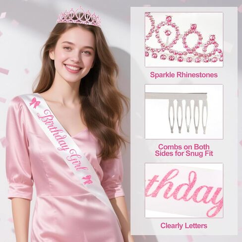 Pink Bow Birthday Decorations, 73PCs Pink Birthday Decorations for Girls Women Included BIRTHDAY GIRL Sash and Tiara Balloons Fringe Curtains Banner Bows Garland and Cake Toppers in Saudi Arabia