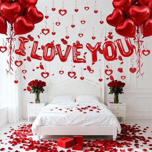 بالونات I Love You وبالونات قلب أحمر مع ديكور معلق على شكل قلب لديكورات عيد الحب، والاقتراحات، ومستلزمات حفلات الزفاف in Kuwait