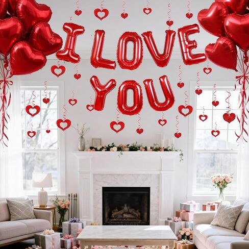 بالونات I Love You وبالونات قلب أحمر مع ديكور معلق على شكل قلب لديكورات عيد الحب، والاقتراحات، ومستلزمات حفلات الزفاف in Kuwait