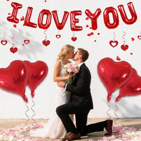 بالونات I Love You وبالونات قلب أحمر مع ديكور معلق على شكل قلب لديكورات عيد الحب، والاقتراحات، ومستلزمات حفلات الزفاف in Kuwait
