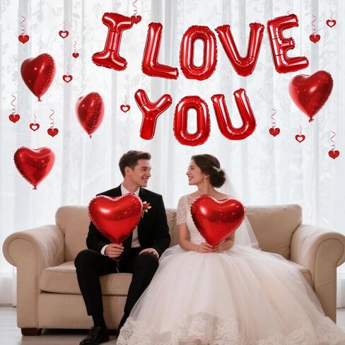 بالونات I Love You وبالونات قلب أحمر مع ديكور معلق على شكل قلب لديكورات عيد الحب، والاقتراحات، ومستلزمات حفلات الزفاف in Kuwait