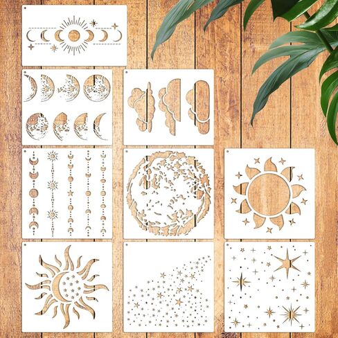 9 Pcs Large Celestial Stencils for Painting Template - Reusable Art Stencils with Star Moon Sun Cloud Planets for DIY Craft, Wall Stencil for Furniture Wood Home Decor (Approximately 10 x 10 Inches) in Saudi Arabia
