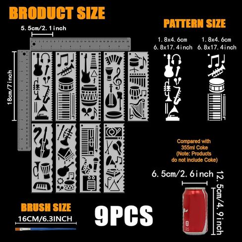 FINGERINSPIRE 9 PCS Musical Instruments Stencils 7x2.1inch Irregular Edge Rectangle Music Theme Stencil Music Notes Stencil Template for Painting on Wall Wood Furniture DIY Home Decoration in Saudi Arabia