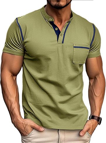 Aulemen Men's Henley Shirts Short Sleeve Casual Lightweight Slim Fit Basic Button T-Shirt with Pocket in Kuwait