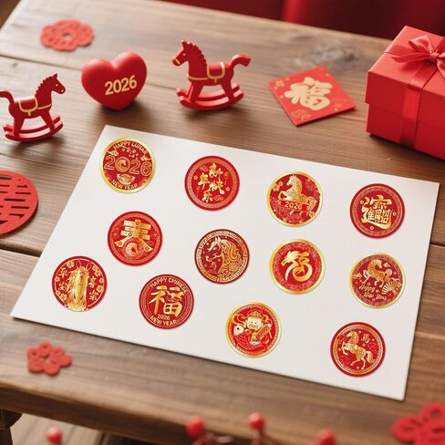 Dazoratix Lunar New Year Stickers - 1000 Pcs Chinese Happy 2026 Year of The Horse Labels Spring Festival Red Round Roll Adhesive Decorations for Party Favors Candy Gifts Envelopes Cards Supplies in Saudi Arabia