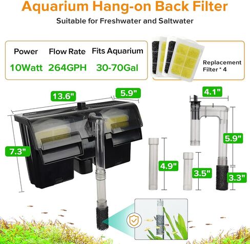 hygger Hang On Back Aquarium Filter 10W 264GPH لـ 30-70 جالون فلتر خزان الأسماك الهادئ متعدد المراحل فلتر شلال قابل للتعديل مع 8 خراطيش وأنابيب تمديد، مياه طازجة ومالحة in Kuwait