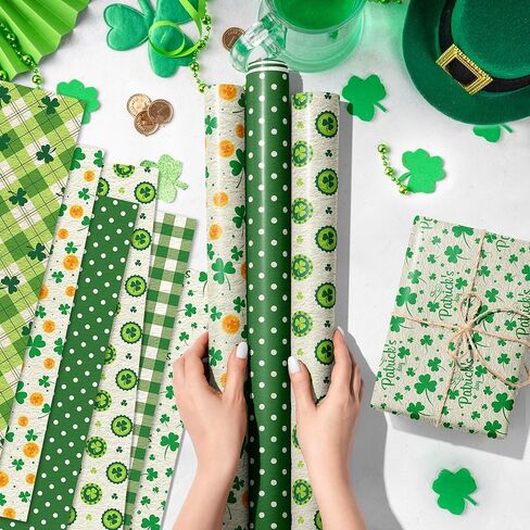 12 Sheets St. Patrick's Day Wrapping Paper - Watercolor Shamrock Design Green Art Paper, 19.7x27.6 Inch Folded Flat Green Clover Gift Wrap for Spring Birthday, Baby Shower, DIY Crafts Supplies in Saudi Arabia