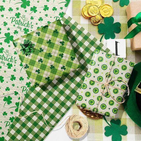 12 Sheets St. Patrick's Day Wrapping Paper - Watercolor Shamrock Design Green Art Paper, 19.7x27.6 Inch Folded Flat Green Clover Gift Wrap for Spring Birthday, Baby Shower, DIY Crafts Supplies in Saudi Arabia