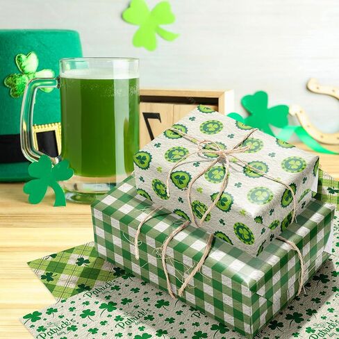 12 Sheets St. Patrick's Day Wrapping Paper - Watercolor Shamrock Design Green Art Paper, 19.7x27.6 Inch Folded Flat Green Clover Gift Wrap for Spring Birthday, Baby Shower, DIY Crafts Supplies in Saudi Arabia
