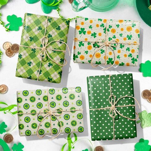 12 Sheets St. Patrick's Day Wrapping Paper - Watercolor Shamrock Design Green Art Paper, 19.7x27.6 Inch Folded Flat Green Clover Gift Wrap for Spring Birthday, Baby Shower, DIY Crafts Supplies in Saudi Arabia