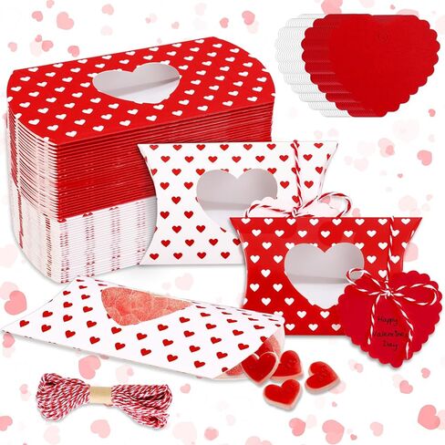 FYSUIMU 50Pcs Valentine' s Day Treat Boxes with Gift Tag Cotton Rope Paper Gift Container Red White Heart Pillow Box with Heart Shaped PVC Window for Wedding Birthday Sweets Chocolate in Saudi Arabia