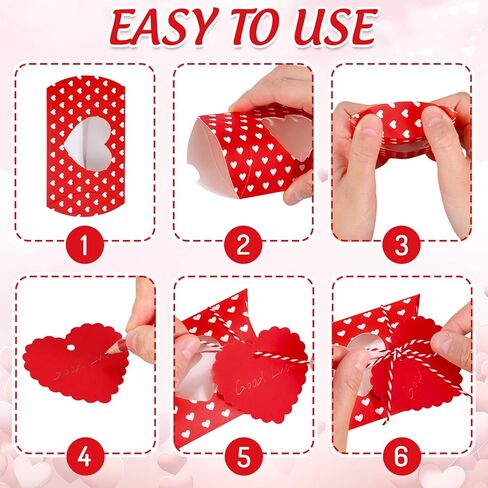 FYSUIMU 50Pcs Valentine' s Day Treat Boxes with Gift Tag Cotton Rope Paper Gift Container Red White Heart Pillow Box with Heart Shaped PVC Window for Wedding Birthday Sweets Chocolate in Saudi Arabia