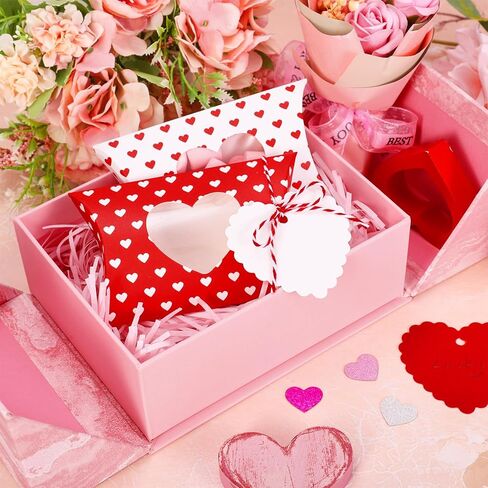 FYSUIMU 50Pcs Valentine' s Day Treat Boxes with Gift Tag Cotton Rope Paper Gift Container Red White Heart Pillow Box with Heart Shaped PVC Window for Wedding Birthday Sweets Chocolate in Saudi Arabia