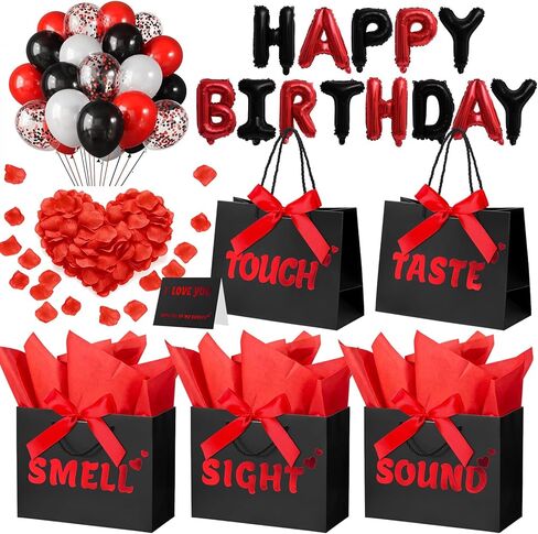 5 Senses Gift Bags for Him with Labels, 9"x4"x7" Gift Bag Tissue Paper Bow Ribbon Happy Birthday Decorations Kit with Banner, Balloons, Rose Petals, Card for Men, Women, Wedding, Valentine's Day in Saudi Arabia