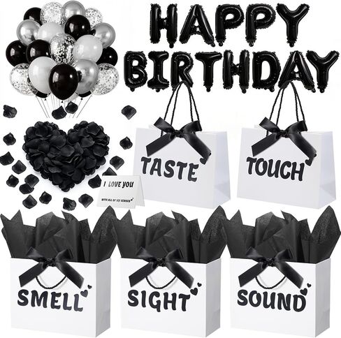5 Senses Gift Bags for Him with Labels, 9"x4"x7" Gift Bag Tissue Paper Bow Ribbon Happy Birthday Decorations Kit with Banner, Balloons, Rose Petals, Card for Men, Women, Wedding, Valentine's Day in Saudi Arabia