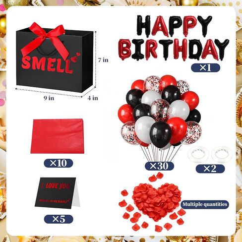 5 Senses Gift Bags for Him with Labels, 9"x4"x7" Gift Bag Tissue Paper Bow Ribbon Happy Birthday Decorations Kit with Banner, Balloons, Rose Petals, Card for Men, Women, Wedding, Valentine's Day in Saudi Arabia