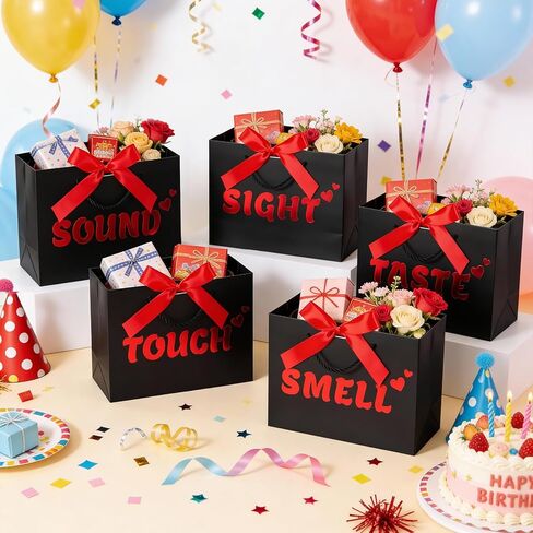 5 Senses Gift Bags for Him with Labels, 9"x4"x7" Gift Bag Tissue Paper Bow Ribbon Happy Birthday Decorations Kit with Banner, Balloons, Rose Petals, Card for Men, Women, Wedding, Valentine's Day in Saudi Arabia
