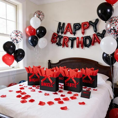 5 Senses Gift Bags for Him with Labels, 9"x4"x7" Gift Bag Tissue Paper Bow Ribbon Happy Birthday Decorations Kit with Banner, Balloons, Rose Petals, Card for Men, Women, Wedding, Valentine's Day in Saudi Arabia