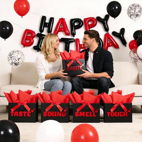 5 Senses Gift Bags for Him with Labels, 9"x4"x7" Gift Bag Tissue Paper Bow Ribbon Happy Birthday Decorations Kit with Banner, Balloons, Rose Petals, Card for Men, Women, Wedding, Valentine's Day in Saudi Arabia