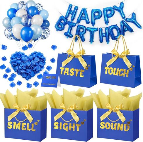5 Senses Gift Bags for Him with Labels, 9"x4"x7" Gift Bag Tissue Paper Bow Ribbon Happy Birthday Decorations Kit with Banner, Balloons, Rose Petals, Card for Men, Women, Wedding, Valentine's Day in Saudi Arabia