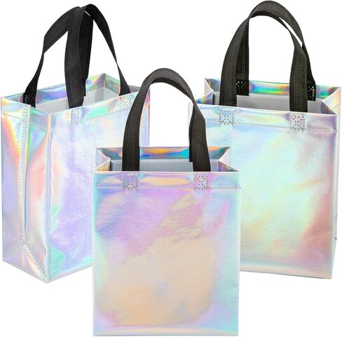 Ronvir 30 Pcs Iridescent Glossy Gift Bags Bulk,8x4x10 inch Non Woven Holographic Reusable Party Favors Bags for Birthday, Christmas, Goodie,Wedding, Holiday, with Handles & Sturdy Base - Medium in Saudi Arabia