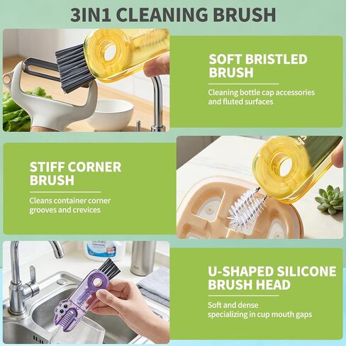 3 in 1 Cup Lid Gap Cleaning Brush Set, 3PCS Multifunctional Bottle Cleaning Brush, Cup Lid Gap Bottle Cleaner Home Kitchen Brush Tools Multicolor in Kuwait