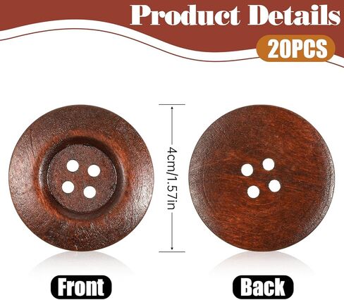 Wooden Buttons, 20 Pcs Big Size 1.57" Brown Round Wood Buttons for Sewing 4 Hole Polished Button Suits Coats Button for Pillow Covers Shirt Headbands Crafts Sewing Sweater Decorations (40mm) in Saudi Arabia