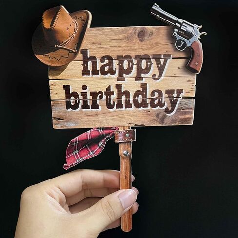Western cowboy themed wooden birthday cake decoration,Cowgirl cake topper with a rural, Wooden plaque style in Saudi Arabia
