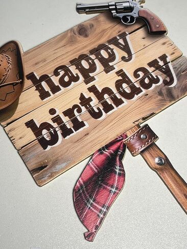 Western cowboy themed wooden birthday cake decoration,Cowgirl cake topper with a rural, Wooden plaque style in Saudi Arabia