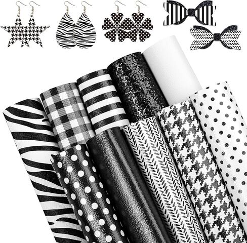 Whaline 10Pcs Faux Leather Sheet White & Black Synthetic Leather Fabric 8 x 12 Inch Pattern Stripe Plaid Glitter Faux Craft Leather for DIY Earring Hair Bow Making in Saudi Arabia