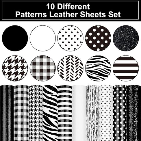 Whaline 10Pcs Faux Leather Sheet White & Black Synthetic Leather Fabric 8 x 12 Inch Pattern Stripe Plaid Glitter Faux Craft Leather for DIY Earring Hair Bow Making in Saudi Arabia