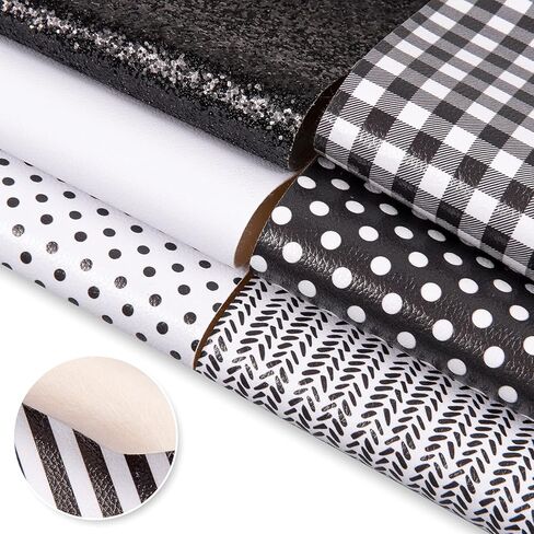 Whaline 10Pcs Faux Leather Sheet White & Black Synthetic Leather Fabric 8 x 12 Inch Pattern Stripe Plaid Glitter Faux Craft Leather for DIY Earring Hair Bow Making in Saudi Arabia