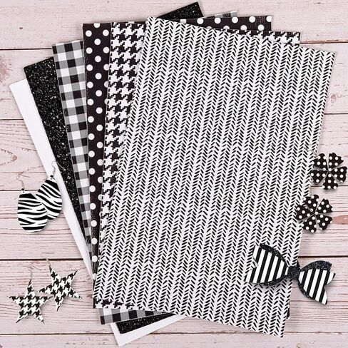 Whaline 10Pcs Faux Leather Sheet White & Black Synthetic Leather Fabric 8 x 12 Inch Pattern Stripe Plaid Glitter Faux Craft Leather for DIY Earring Hair Bow Making in Saudi Arabia