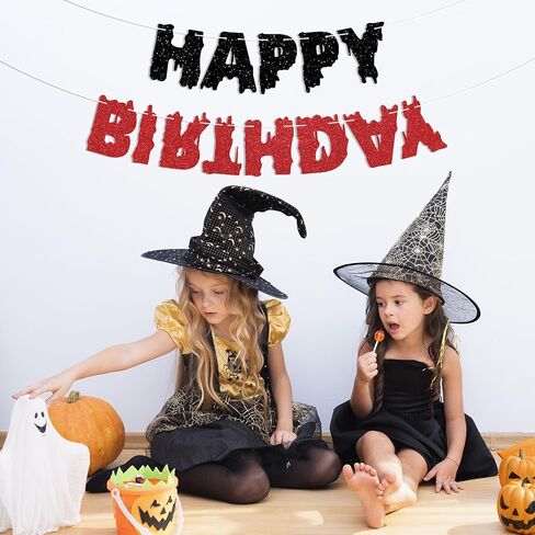 Horror Eccentric Happy Birthday Banner - Welcome to the Other Side Decor, Spooky Upside Down Themed Stranger Birthday Party Decorations Black & Red Glitter in Saudi Arabia