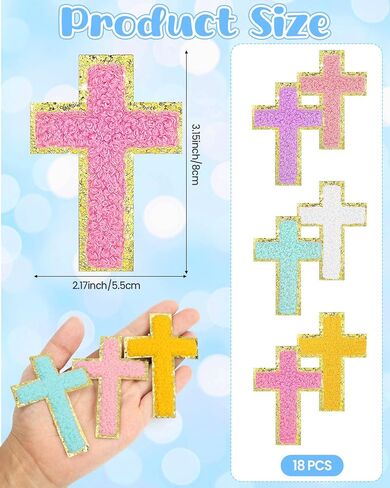 18 PCS Cross Chenille Patches, Colorful Christian Cross Iron on Patterns, Embroidered Applique for Hats, Jeans, Clothes, Bags, DIY Craft in Kuwait