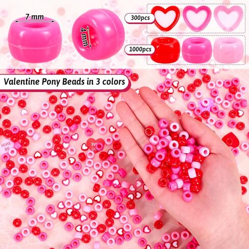 JarThenaAMCS 1300Pcs Valentine's Day Pony Beads Plastic Craft Bead Red Pink Heart Spacer Bead for Party DIY Craft Necklace Bracelet Jewelry Making in Saudi Arabia
