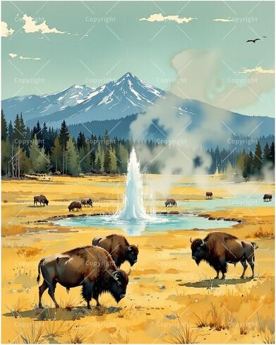 Yellowstone Wildlife Paint by Numbers Kit for Adults - DIY Bison and Geyser Scene with Mountains Painting on Canvas 16×20 Inches, Acrylic Paint Set for Beginners, Art for Decoration or Gifts in Saudi Arabia