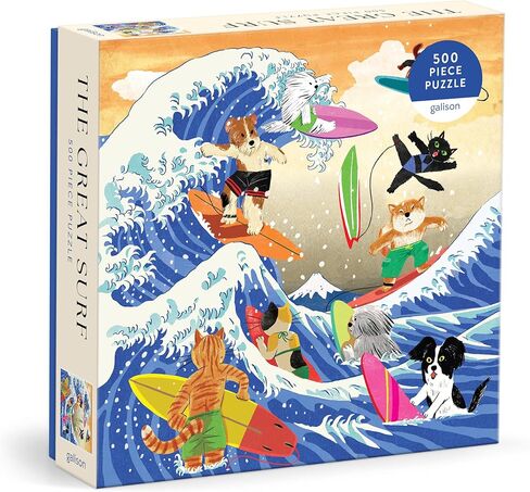 Galison The Great Surf - أحجية الصور المقطوعة المكونة من 500 قطعة تتميز بأعمال فنية جميلة للقطط والكلاب التي تركب الأمواج in Saudi Arabia