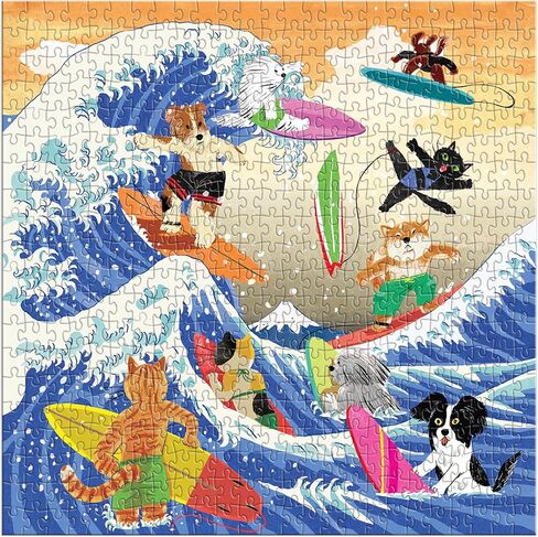 Galison The Great Surf - أحجية الصور المقطوعة المكونة من 500 قطعة تتميز بأعمال فنية جميلة للقطط والكلاب التي تركب الأمواج in Saudi Arabia