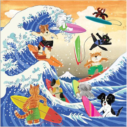 Galison The Great Surf - أحجية الصور المقطوعة المكونة من 500 قطعة تتميز بأعمال فنية جميلة للقطط والكلاب التي تركب الأمواج in Saudi Arabia