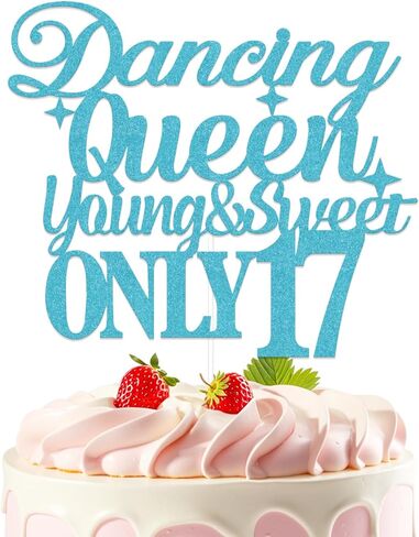 Blue Glitter Dancing Queen Young and Sweet Only 17 Cake Topper Cheers to 17 Years Birthday Cake Pick Happy 17th Birthday Party Decorations for Girl in Saudi Arabia