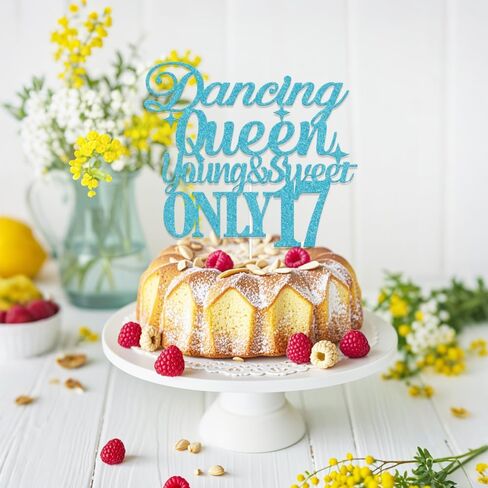 Blue Glitter Dancing Queen Young and Sweet Only 17 Cake Topper Cheers to 17 Years Birthday Cake Pick Happy 17th Birthday Party Decorations for Girl in Saudi Arabia
