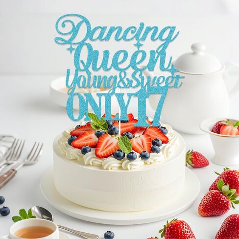 Blue Glitter Dancing Queen Young and Sweet Only 17 Cake Topper Cheers to 17 Years Birthday Cake Pick Happy 17th Birthday Party Decorations for Girl in Saudi Arabia