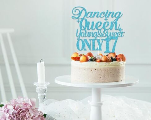 Blue Glitter Dancing Queen Young and Sweet Only 17 Cake Topper Cheers to 17 Years Birthday Cake Pick Happy 17th Birthday Party Decorations for Girl in Saudi Arabia