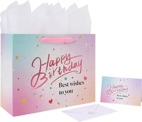 مجموعة حقيبة هدايا عيد ميلاد وردية كبيرة مقاس 33 سم من Wishinside مع مقابض وبطاقة تهنئة وأوراق مناديل وملصقات للنساء والفتيات والأطفال والمراهقين، تصميم عيد ميلاد سعيد من رقائق الذهب، قطعة واحدة in Kuwait