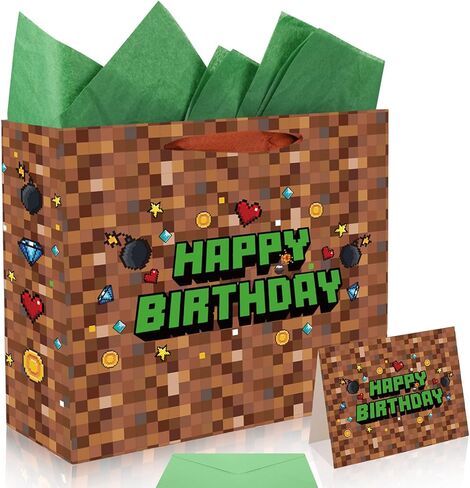 SAVITA Pixel Party Favors Bags, Pixel Theme Goodie Gift Bags Green and Brown Video Game Party Birthday Decorations with Greeting Card & Envelope for Candy Goody Treat Supplies Kids Bday Gifting in Saudi Arabia