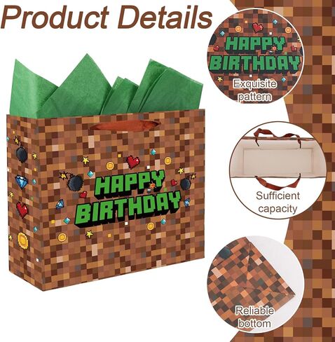 SAVITA Pixel Party Favors Bags, Pixel Theme Goodie Gift Bags Green and Brown Video Game Party Birthday Decorations with Greeting Card & Envelope for Candy Goody Treat Supplies Kids Bday Gifting in Saudi Arabia