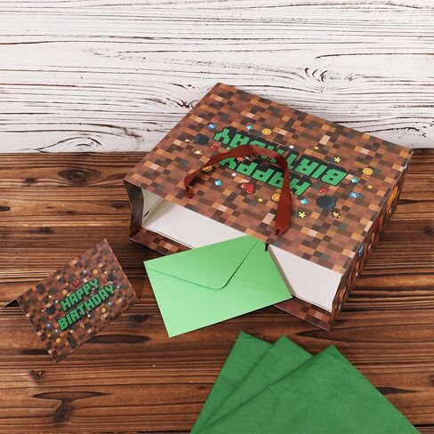 SAVITA Pixel Party Favors Bags, Pixel Theme Goodie Gift Bags Green and Brown Video Game Party Birthday Decorations with Greeting Card & Envelope for Candy Goody Treat Supplies Kids Bday Gifting in Saudi Arabia