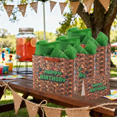 SAVITA Pixel Party Favors Bags, Pixel Theme Goodie Gift Bags Green and Brown Video Game Party Birthday Decorations with Greeting Card & Envelope for Candy Goody Treat Supplies Kids Bday Gifting in Saudi Arabia